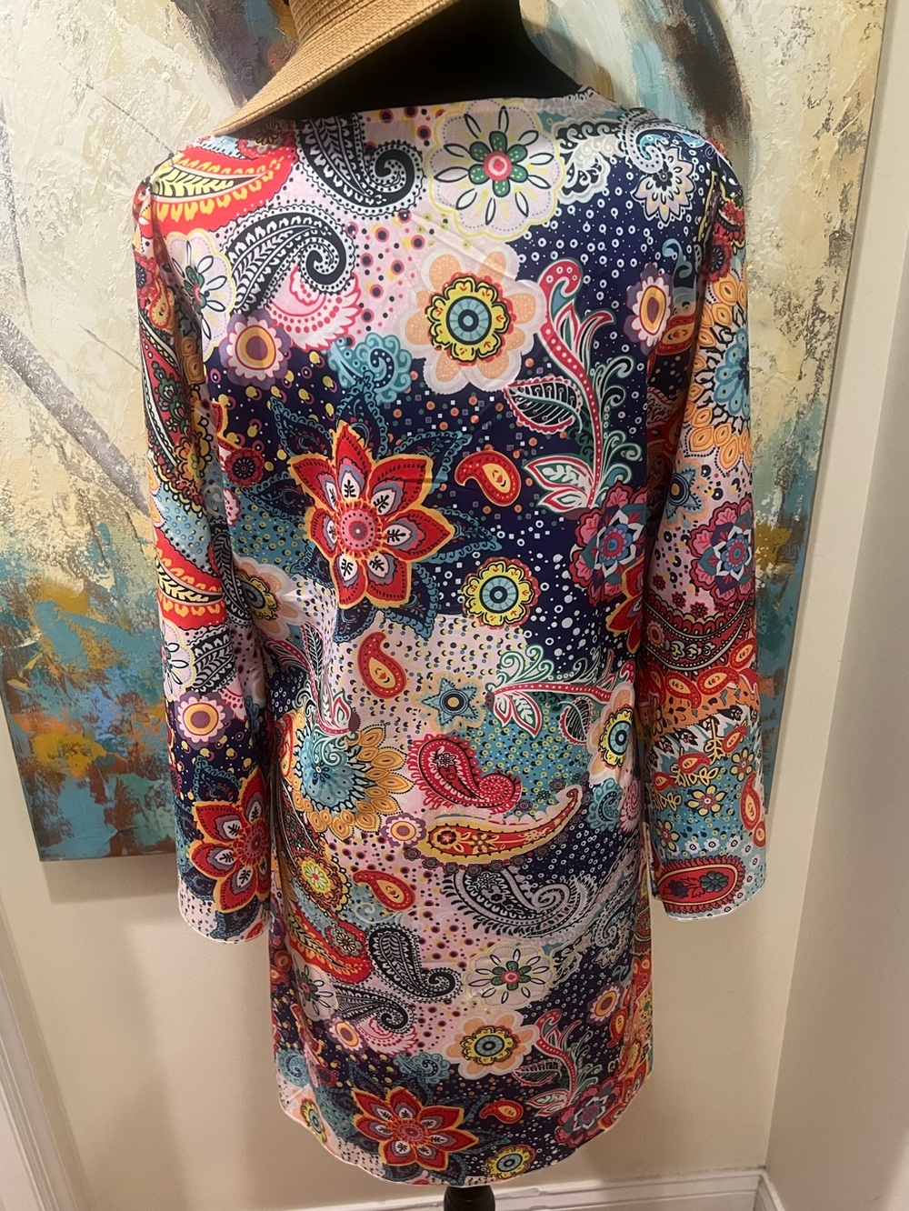 Boho Paisley Shift Dress Floral V-Neck Pink Navy Aqua Resort Medium - Picture 7 of 9